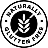 Round seal with a crossed-out wheat ear reading Naturally Gluten Free