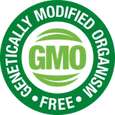 Green round seal reading Genetically Modified Organism Free, GMO