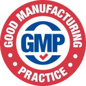 Red and blue round seal reading Good Manufacturing Practice, GMP