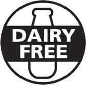 Round seal with a milk bottle outline reading Dairy Free