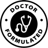 Round seal with a stethoscope reading Doctor Formulated