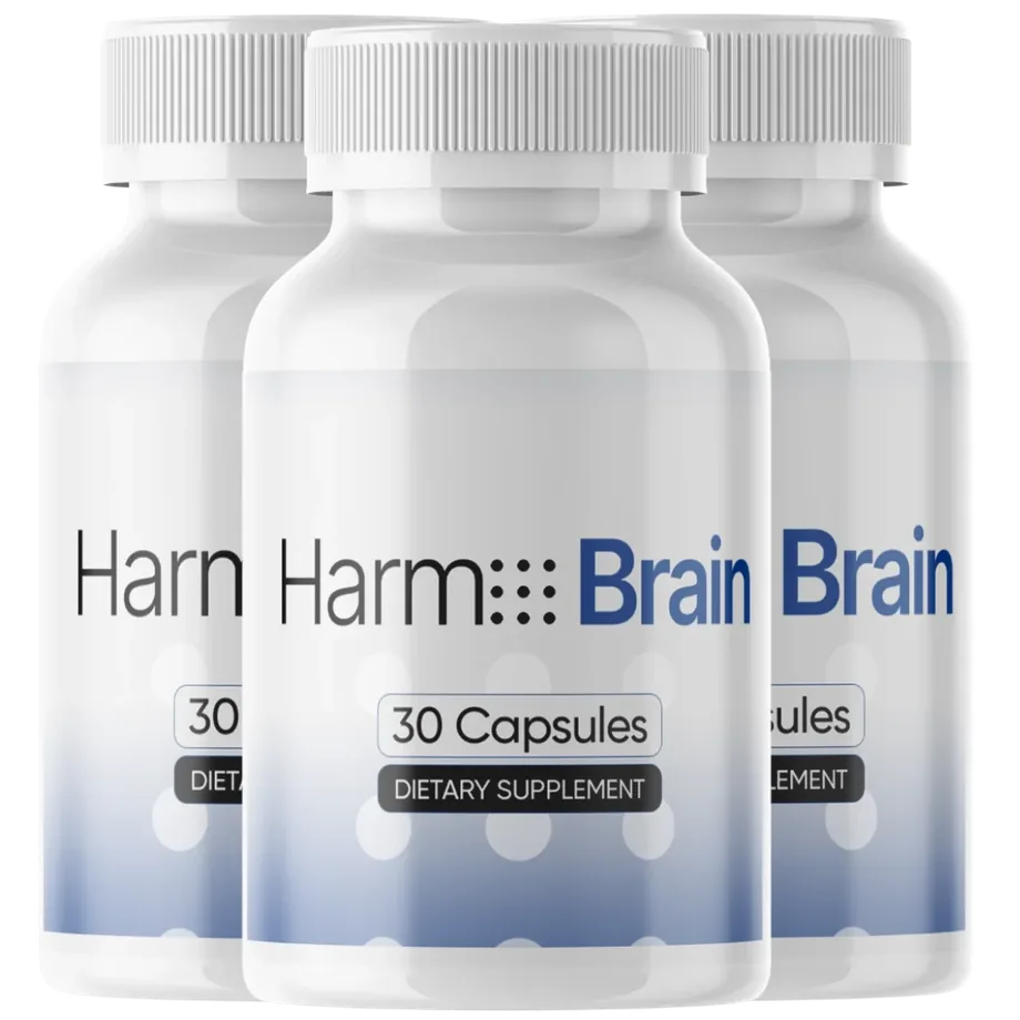 Three Harmo Brain bottles, each label reading 30 Capsules, Dietary Supplement