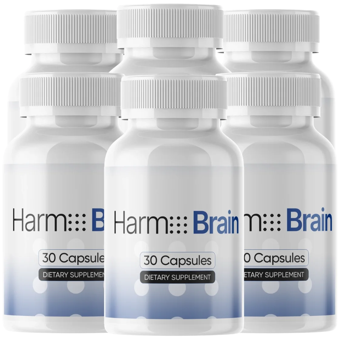 Six Harmo Brain bottles in two rows, each label reading 30 Capsules, Dietary Supplement