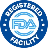 Blue round seal reading Registered Facility, FDA