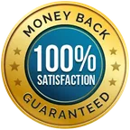 Gold round seal reading Money Back, 100% Satisfaction, Guaranteed