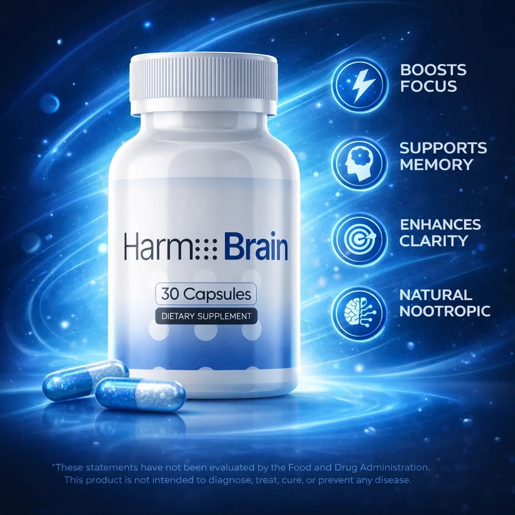 Seller artwork: one Harmo Brain bottle and two blue capsules on a dark blue background, beside four icons reading Boosts Focus, Supports Memory, Enhances Clarity and Natural Nootropic