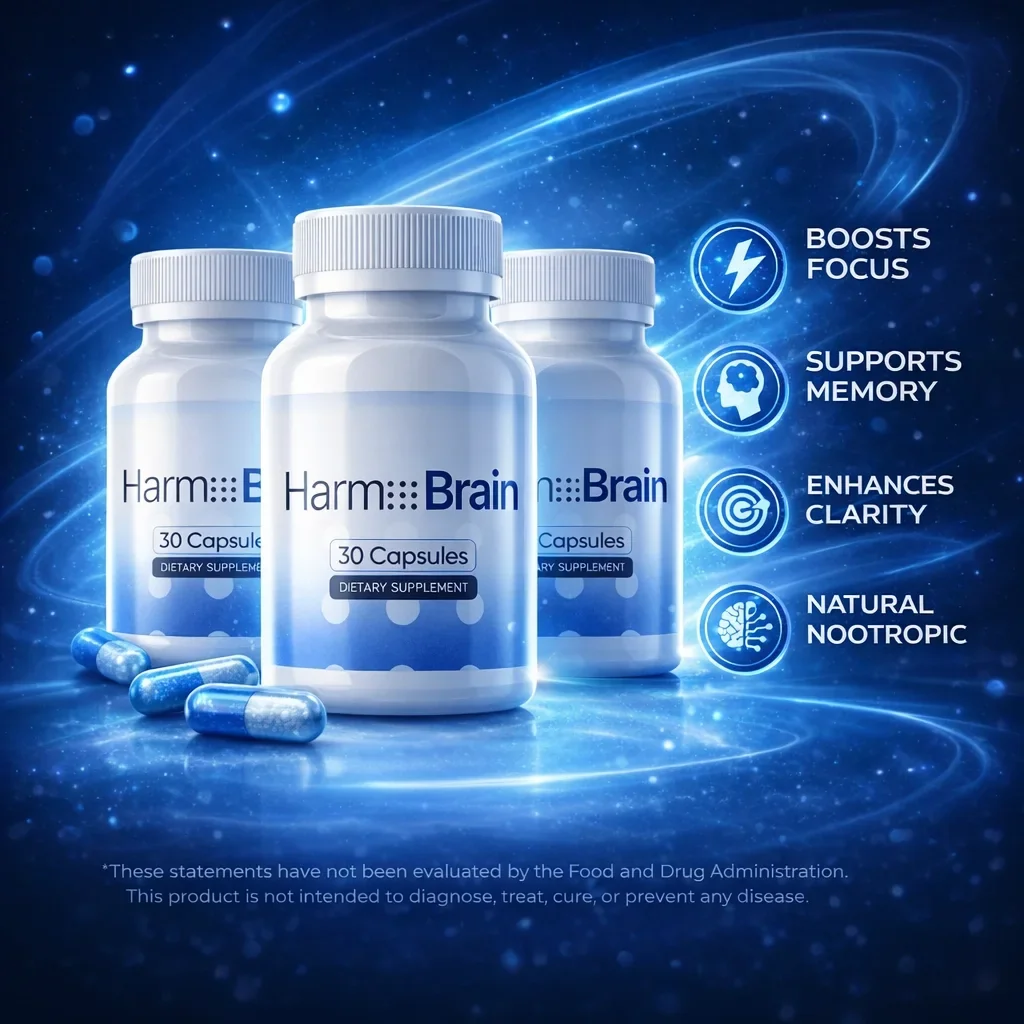 Seller artwork: three Harmo Brain bottles and blue capsules on a dark blue background, beside the same four icon lines