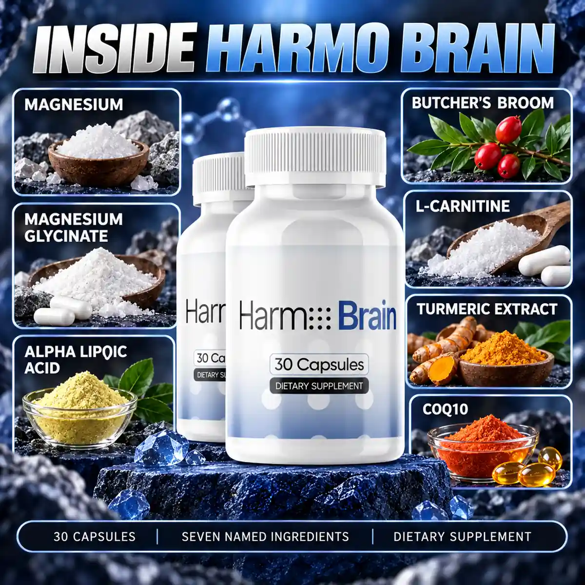 Seller artwork titled Inside Harmo Brain: two bottles on a stone plinth between seven tiles for magnesium, magnesium glycinate, alpha lipoic acid, butcher's broom, L-carnitine, turmeric extract and CoQ10