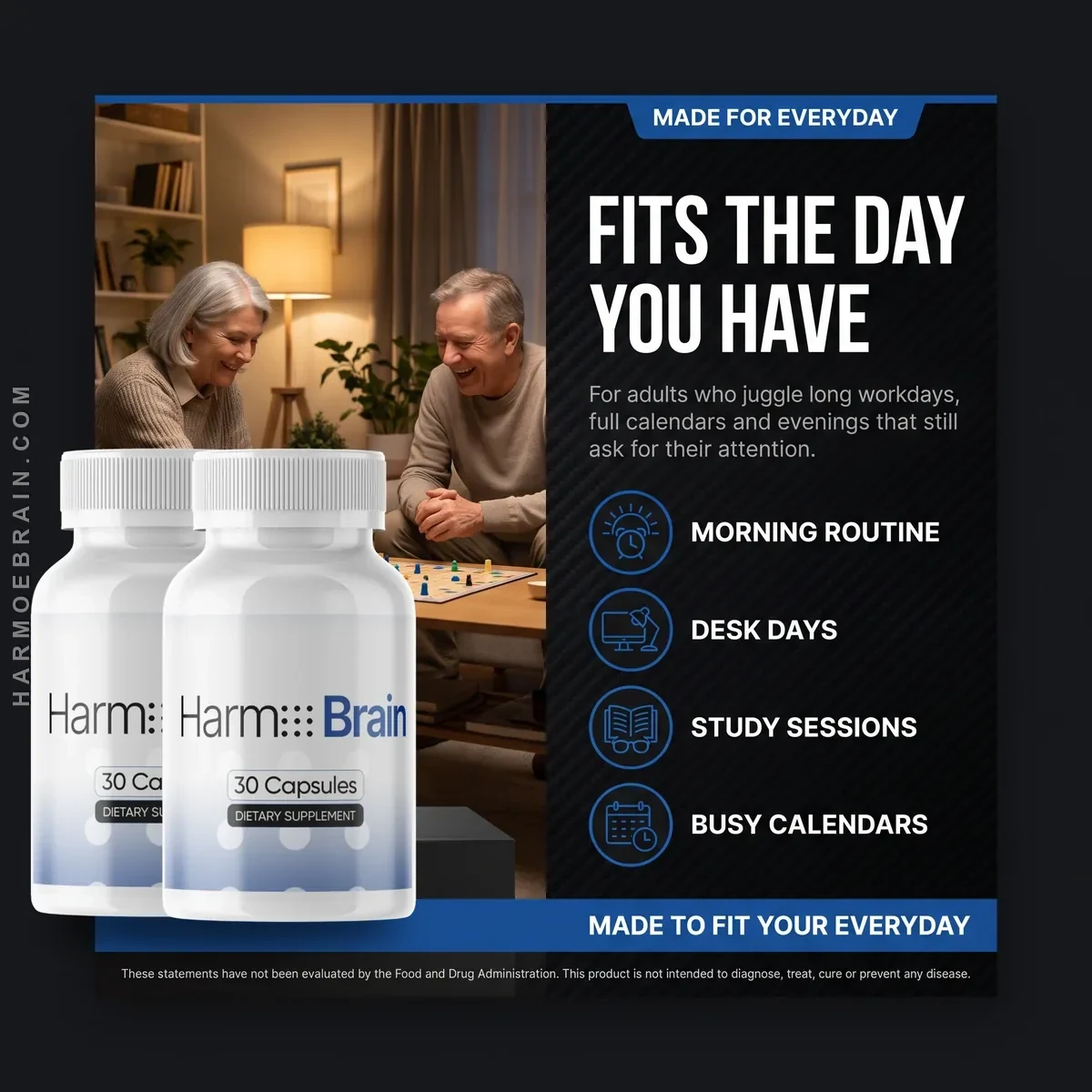 Seller artwork titled Fits The Day You Have: an older couple laughing over a board game beside two Harmo Brain bottles, with icons for morning routine, desk days, study sessions and busy calendars