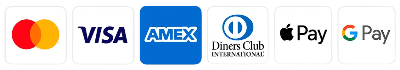 Mastercard, Visa, American Express, Diners Club International, Apple Pay and Google Pay marks
