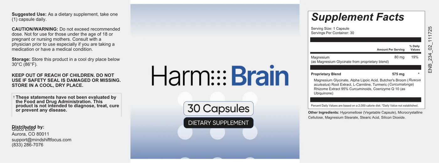 The full Harmo Brain label laid flat: suggested use and cautions on the left, the wordmark and 30 Capsules in the middle, and the Supplement Facts panel on the right showing magnesium 80 mg and a 575 mg proprietary blend